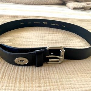 Fossil black leather belt with silver closure large
